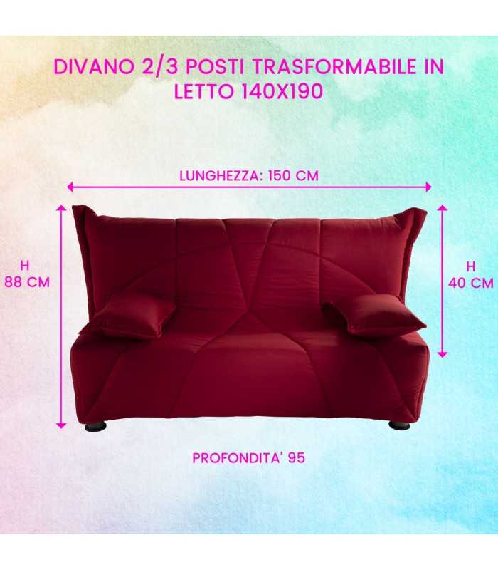 3-seater sofa bed that converts into a mattress with 2 pillows included as a gift. Convertible sofa into a 140x190 mattress.