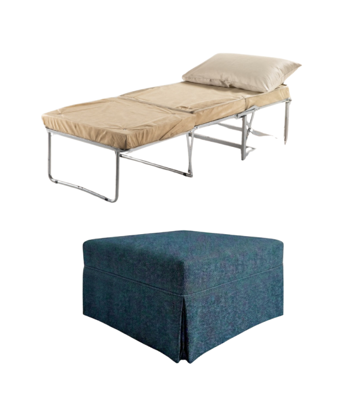 Composit di prodotto che mostra il pouf chiuso in tessuto blu la struttura del letto singolo aperta con materasso e cuscino.